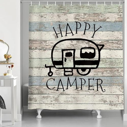 JAWO Happy Campers Shower Curtain Retro Rustic Wood Neutral Color for Travel Trailer Camping Theme Motor RV Bathroom Stall Shower Curtain Set, Waterproof Fabric Shower Cutain, Hooks Include 36X72