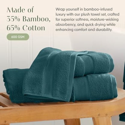 Springtree Home Luxury Bamboo Rayon Plush Bath Towel Set | 4-Pack | Teal