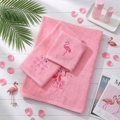 3 Pcs Flamingo Bathroom Towel Set Farmhouse Embroidered Flamingo Towels Vintage Decorative 100% Cotton Bath Towel Highly Absorbent Elegant Summer Decor Set for Bathroom
