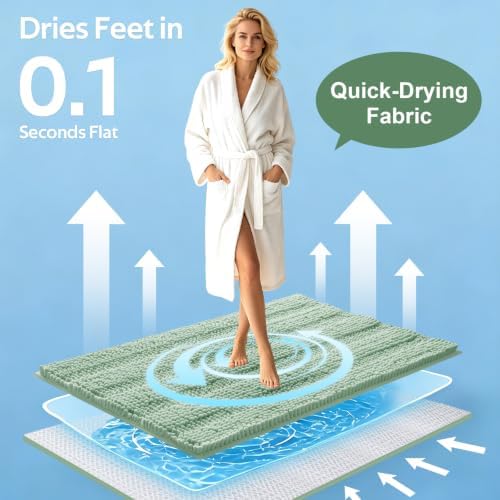Christmas Striped Sage Green Bathroom Rug Mat Set 2 piece 32"x20"+60"x20" Ultra Soft, Non Slip Chenille Bath Rugs, Absorbent Plush Shaggy Bath Mats for Bathroom, Bedroom, Kitchen, Shower, Tub