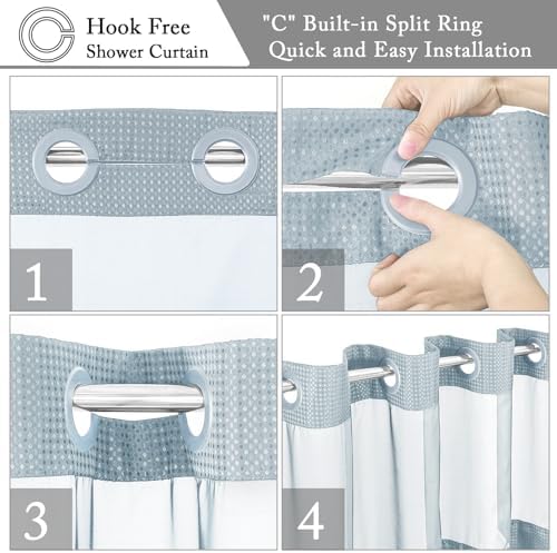 Gibelle No Hook Cloth Fog Blue Shower Curtain with Liner, 72x86