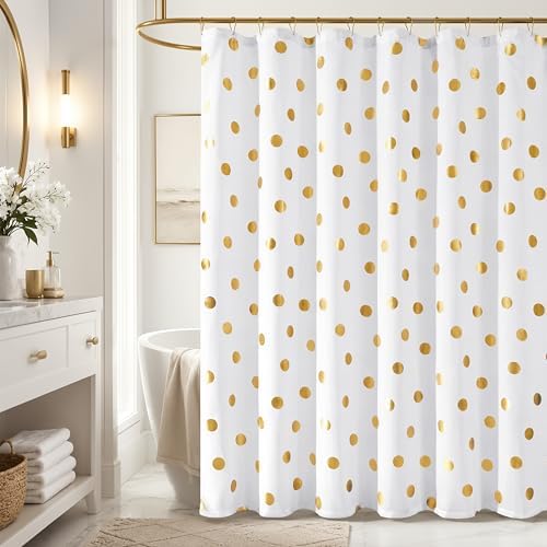 jinchan White and Gold Polka Dot Shower Curtain, Gold Foil Spot Pattern Modern Waterproof Fabric Shower Curtains for Bathroom with 12 Hooks Machine Washable 70x72 Inches