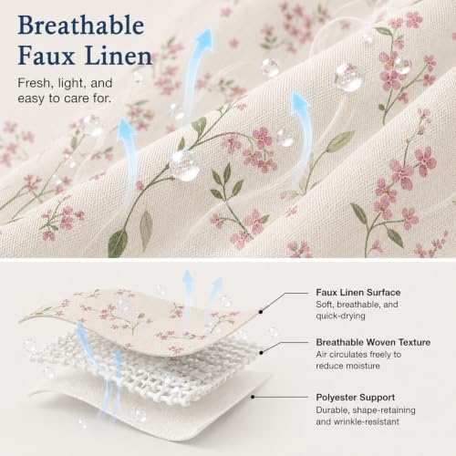 Leowefowa Pink Wildflower Farmhouse Shower Curtain, Vintage Cottagecore Floral Bathroom Decor, Linen Look Fabric Bath Curtain, Rustic Country Style Waterproof Shower Curtain, 72 x 72 Inch