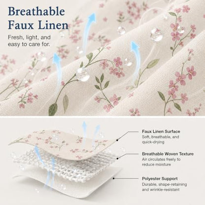 Leowefowa Pink Wildflower Farmhouse Shower Curtain, Vintage Cottagecore Floral Bathroom Decor, Linen Look Fabric Bath Curtain, Rustic Country Style Waterproof Shower Curtain, 72 x 72 Inch