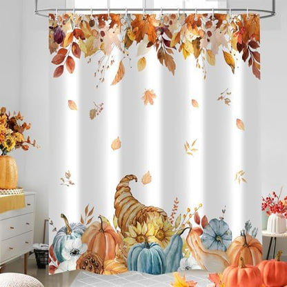 Fall Pumpkins Shower Curtain, Autumn Leaves Thanksgiving Harvest Bathroom Bathtubs Decor, Waterproof Polyester Fabric Bathroom Curtain with Hooks 72x72 in