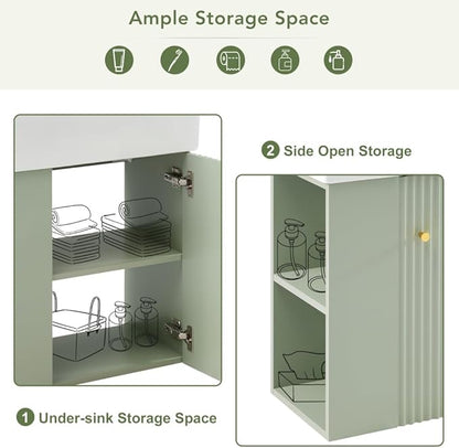 22" Small Bathroom Vanity with Sink, Floating Vanity for Bathrooms with Soft-Close Door and Open Shelf, Wall Mounted Narrow Bathroom Vanities for Compact Bathrooms (Green,22" Floating Left Shelf)