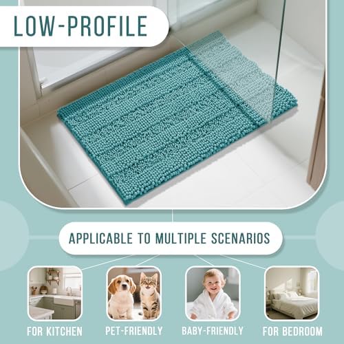 Yimobra Bathroom Rug Mat 32 x 20, Non Slip and Super Absorbent Bath Mat,Machine Washable Quick Dry,Ultra Plush Chenille Shower Rugs for Bathroom Floor Sink Tub and Shower Outside,Teal Blue