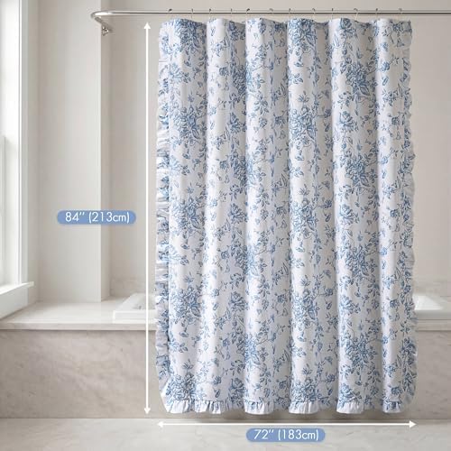Madison Park Adele Floral Ruffle Shower Curtain Set, Blue, 72x84