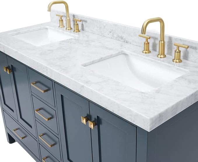 ARIEL Cambridge 60-inch Bathroom Vanity with Sink,Solid Wood, 2-inch Italian Carrara Marble Countertop, Double Rectangular Porcelain Sink, 4 Soft Closing Doors, 6 Dovetail Drawers, Midnight Blue