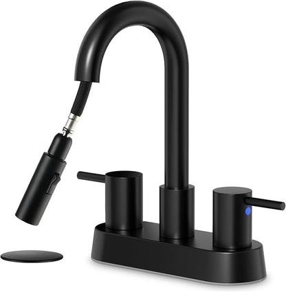 Stainless Steel Matte Black Bathroom Faucet with Pull Out Sprayer, Black Dual-Function Spout Bathroom Sink Faucet, 4 Inch Two Handle Utility Sink Faucet with Sprayer 3 Hole, Pet Shower, RVs