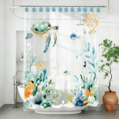 12Pcs Blue Turtle Shower Curtain Hooks Decorative for Curtain Rods, Cute Animals Shower Curtain Rings, Silver Stainless Steel Metal Shower Curtain Hanger Hooks, Turtle Ocean Beach Bathroom Decor