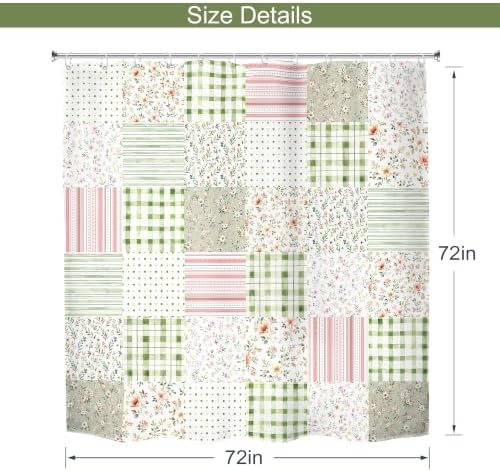Green Floral Patchwork Shower Curtain Sage Green Pink Gingham Vintage Boho