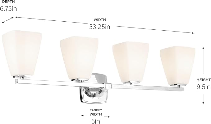 Kichler Marant 33.25" 4-Light Vanity Light with Opal Glass in Chrome, for Bathroom, Powder Room, Over a Mirror, (33.25" W x 9.5" H), 55217CH