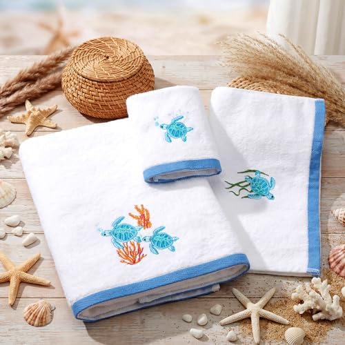 Peryiter 3 Pack Sea Turtle Decorative Bath Towel Set