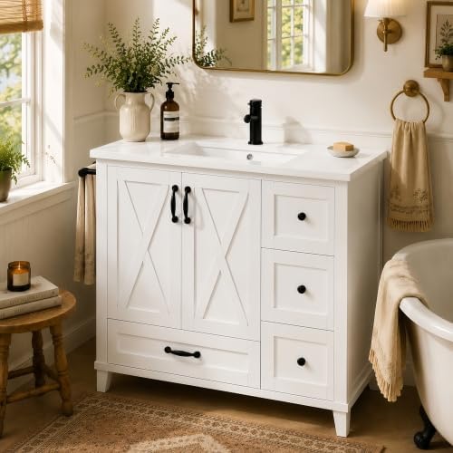 36" Bathroom Vanity with Sink, Freestanding Bathroom Cabinet | Ceramic Top & Backsplash, 4 Storage Drawers, X-Shaped Doors, Adjustable Shelving, Door Storage and Towel Bar, white