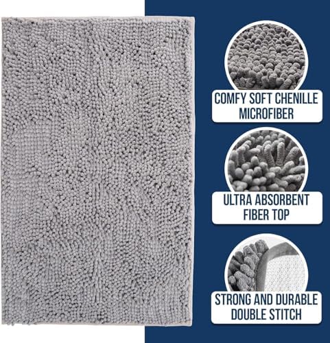 Muddy Mat® | Chenille Bathroom Rugs Quick Dry Microfiber Mats Non Slip Washable, Extra Thick, Soft and Highly Absorbent Bath Mats for Bathroom, Kitchen, and Shower Floor - Grey 36"x60"