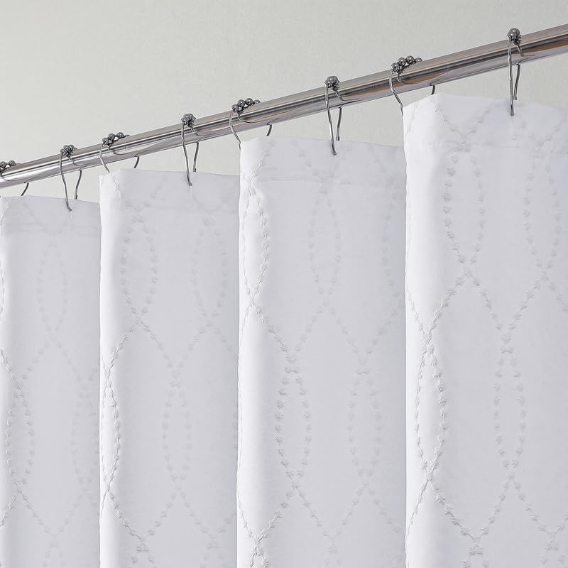OVZME White Stall Shower Curtain for Bathroom, Puff Printed Textured Shower Curtain with Tassels, Geometry Heavy Duty Vintage Country Narrow Bathroom Curtain, Water Resistant Fabric, 36Wx72L