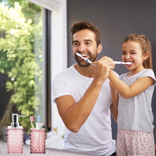 2 Piece Bathroom Accessory Set, Pink Soap Dispenser and Toothbrush Holder