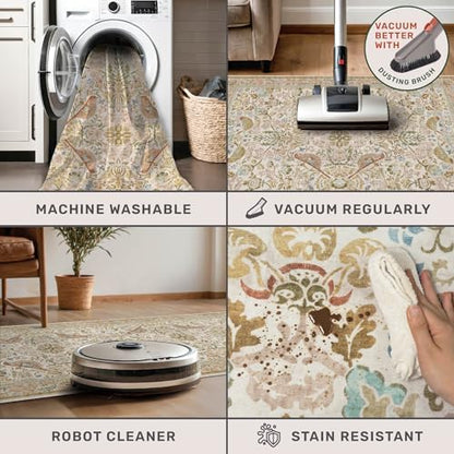 Washable Living Room Rug 8x10 - Country Style Beige Floral Area Rugs for Bedroom Under Bed, Dining Room Table Rug, Stain Resistant Non-Slip Neutral Farmhouse Décor with Light Blue and Green Accent