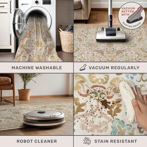 Beige Boho Bathroom Rugs 2x3 Washable Non Slip - Soft Low Pile Small Throw Rug for Entryway, Kitchen, Powder Room - Unique Farmhouse Bird & Pattern Botanical Decorative Door Mats