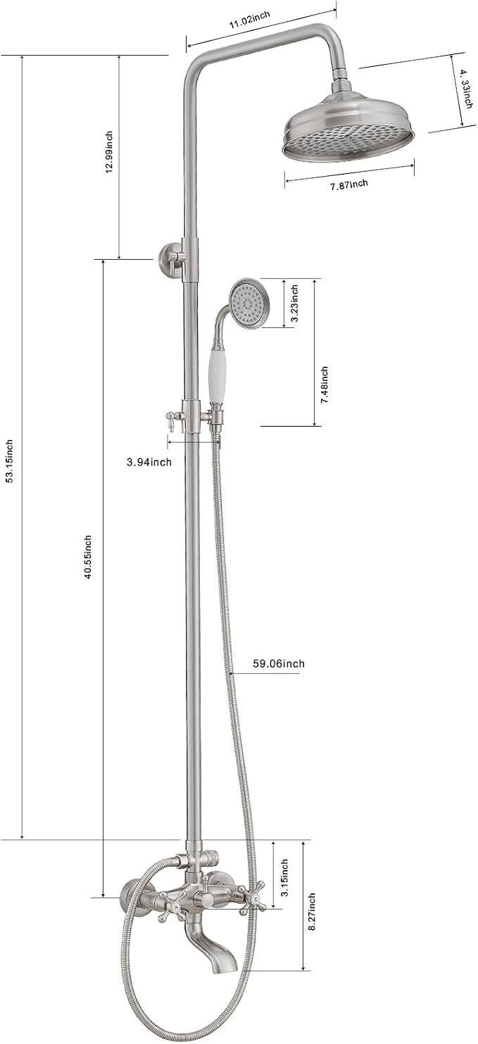 Exposed Shower System,Outdoor Shower Kit,Brushed Nickel | 8 Inch Rain Shower Head Sprayers,Handheld Shower Head & Tub Spout,Solid Brass,Dual Handle,High Pressure,Wall Mounted