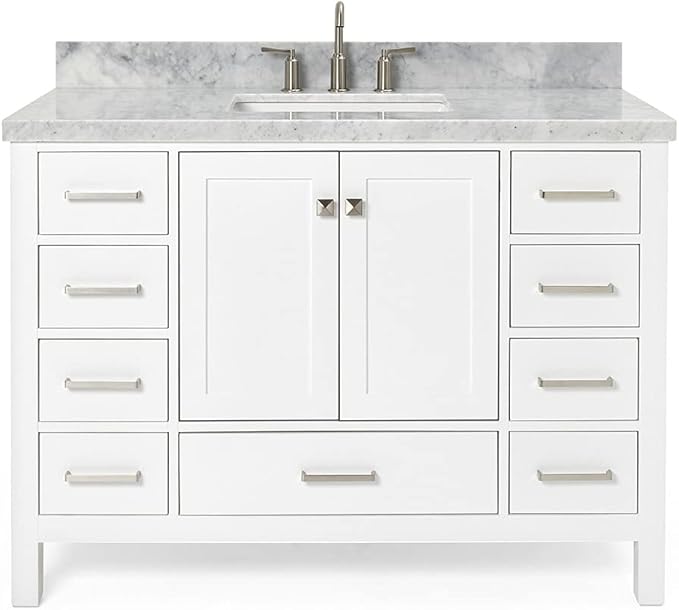 ARIEL Cambridge 48-inch Bathroom Vanity with Sink,Solid Wood, 1.5-inch Italian Carrara Marble Countertop, Single Rectangular Porcelain Sink, 2 Soft Closing Doors, 9 Dovetail Drawers, White
