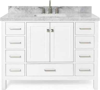 ARIEL Cambridge 48-inch Bathroom Vanity with Sink,Solid Wood, 1.5-inch Italian Carrara Marble Countertop, Single Rectangular Porcelain Sink, 2 Soft Closing Doors, 9 Dovetail Drawers, White