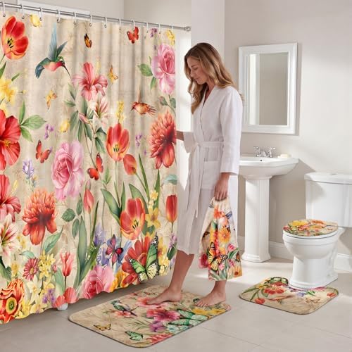 FuWeave 8 Pcs Vintage Floral Shower Curtain Set Bathroom Decor Hummingbird Butterfly Waterproof Bathroom Accessories Rustic Shower Curtain Sets with Towels Carpet Bath Mat Toilet Rugs and 12 Hooks