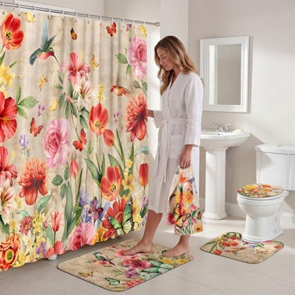 FuWeave 8 Pcs Vintage Floral Shower Curtain Set Bathroom Decor Hummingbird Butterfly Waterproof Bathroom Accessories Rustic Shower Curtain Sets with Towels Carpet Bath Mat Toilet Rugs and 12 Hooks