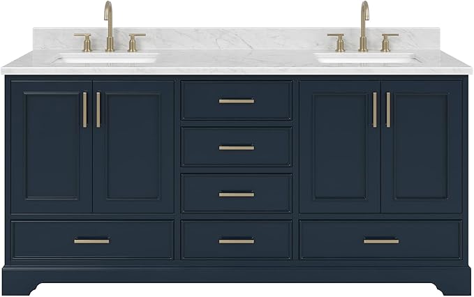 ARIEL Stafford 72-inch Bathroom Vanity with Sink,Solid Wood, 0.75-inch Italian Carrara Marble Countertop, Double Rectangular Porcelain Sink, 4 Soft Closing Doors, 6 Dovetail Drawers, Midnight Blue