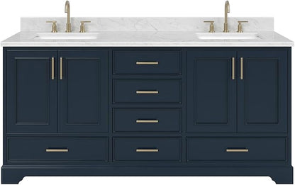 ARIEL Stafford 72-inch Bathroom Vanity with Sink,Solid Wood, 0.75-inch Italian Carrara Marble Countertop, Double Rectangular Porcelain Sink, 4 Soft Closing Doors, 6 Dovetail Drawers, Midnight Blue