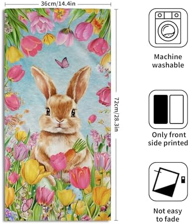 Easter Bunny Hand Towels, 14x28 Inch Spring Tulip Floral Rabbit Butterfly Absorbent Soft Dish Washing Cloth Face Tea Towels for Kitchen Bathroom Farmhouse Seasonal Decoration