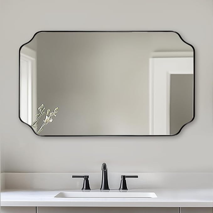 Matte Black Mirror 24x40 Inch, Scalloped Mirror for Bathroom, Unique Rectangular Bathroom Mirror in Premium Stainless Steel Metal Frame 1’’ Deep, Hangs Vertically/Horizontally
