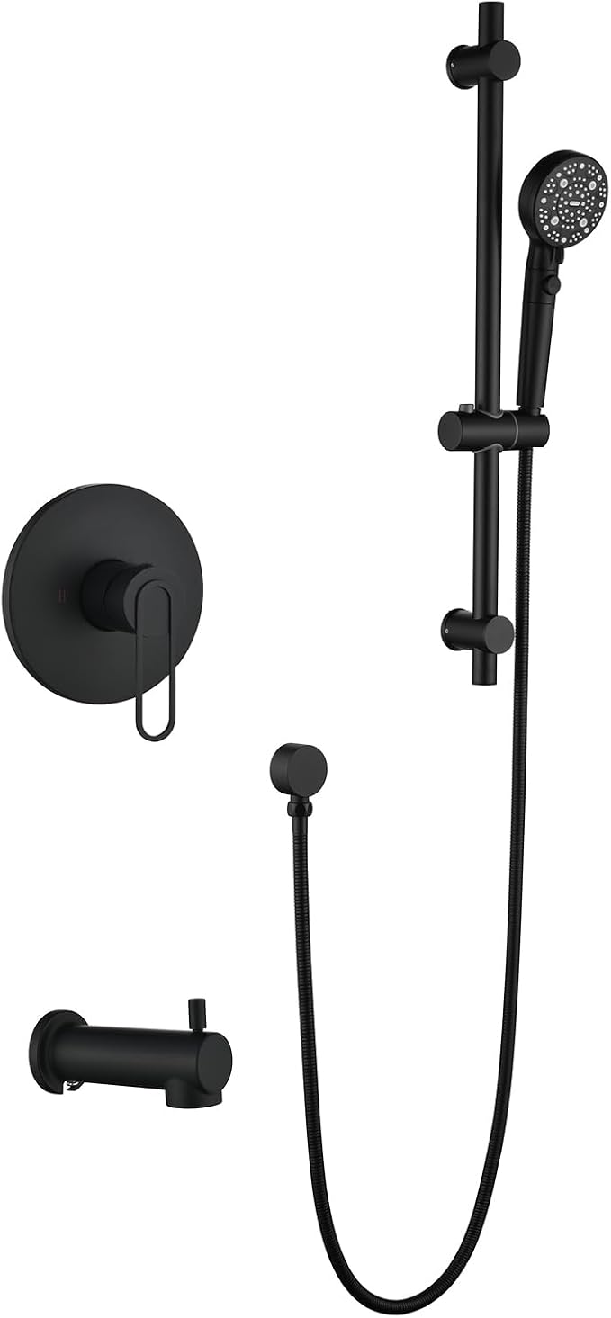 Taplong Black Bathtub Shower Faucet Set with slide bar Shower System with Tub Spout,8 Setting Handheld with ON/OFF Pause Switch, Tub Shower Faucet Kit for Bathroom-TP049B