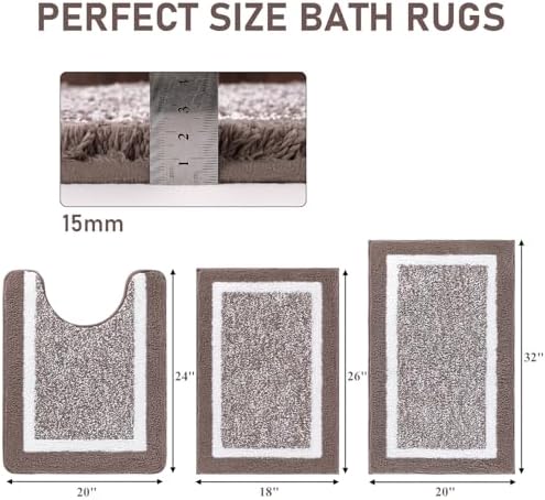 Pauwer 3 Piece Bathroom Rug Set, Non Slip Washable Bath Mat, Coffee