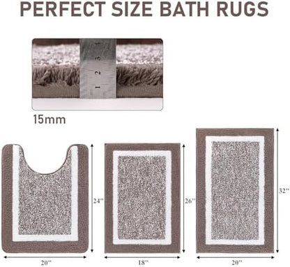 Pauwer 3 Piece Bathroom Rug Set, Non Slip Washable Bath Mat, Coffee