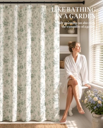 jinchan Linen Shower Curtain for Bathroom with 12 Hooks, Green, 70x72