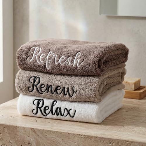 Tiamon 3 Pcs Bathroom Towel Decorative Set 100% Cotton Fluffy Bath Hand Towels for Guest Gifts Farmhouse Kitchen Hand Towels Home(White, Light Brown, Dark Brown,30 x 13 Inch,Relax Renew Refresh)