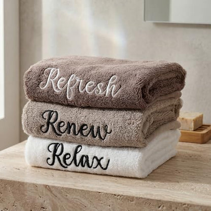 Tiamon 3 Pcs Bathroom Towel Decorative Set 100% Cotton Fluffy Bath Hand Towels for Guest Gifts Farmhouse Kitchen Hand Towels Home(White, Light Brown, Dark Brown,30 x 13 Inch,Relax Renew Refresh)