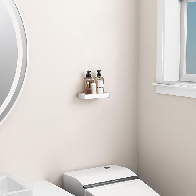 8-Inch Small Wall Shelf, Clear Tempered Glass with Matte Silver Aluminum Frame – Sleek Floating Bathroom Organizer