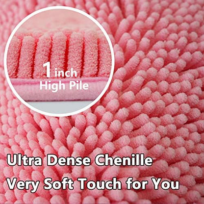 Bathroom Rugs Chenille 3-Piece Extra Soft and Absorbent Shag Bathroom Rugs, Machine Wash Mat, Strong PVC Non-Slip Underside, Plush Carpet Mats (Pink)