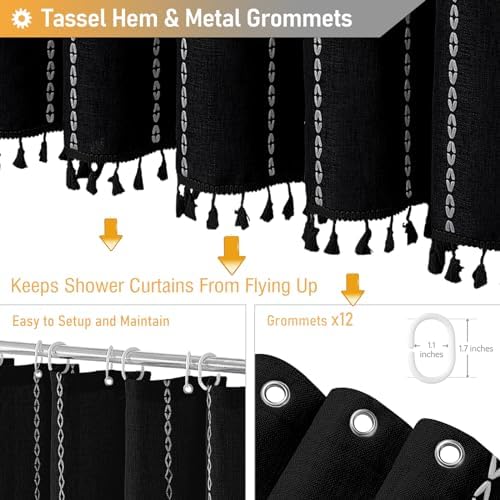 BTTN 72 x 90 Boho Linen Heavy Duty Cloth Shower Curtain Set, Black White