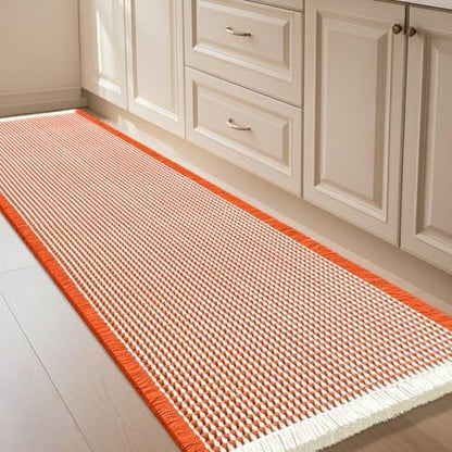 IM HOME Waffle Bath Mat Orange & Cream 6'x2', Boho Woven Modern Bath Mat Rugs, Absorbent Non Slip Bathroom Rugs, Soft Washable Bath Rugs with Tassels for Bathroom, Bedroom, Kitchen, Shower, Tub