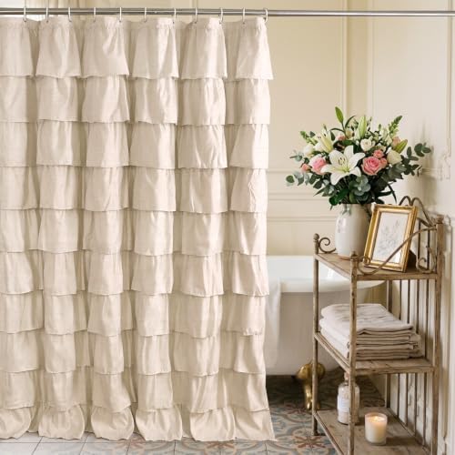 Khaki Ruffle Shower Curtain Farmhouse Rustic Fabric Cloth Shower Curtains