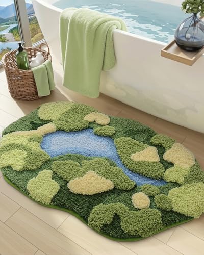 DEXI Cute Moss Bath Mat, Green Oval Bathroom Rugs, 32x20