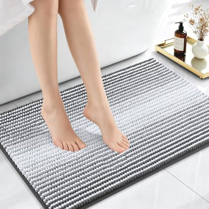 OLANLY Small Bathroom Rugs 24x16, Soft Chenille Striped Bath Rugs, Grey