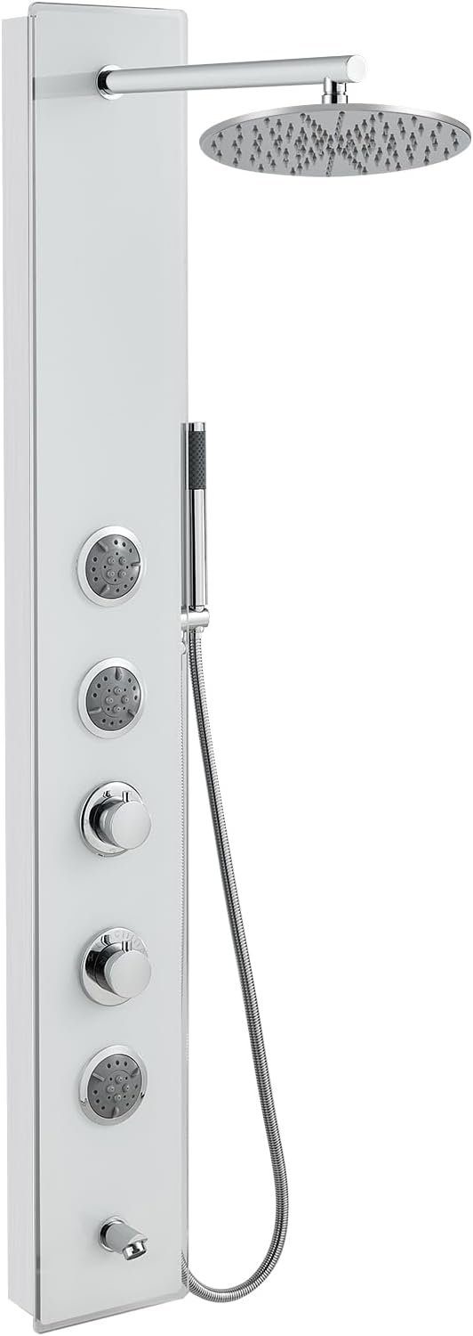 MENATT White Glass Shower Panel Tower System, 304 Stainless Steel and Glass 4 in 1 Shower Tower System with 9-inch Shower Head, 3 Body Massage Jets, Handheld Shower and Tub Spout