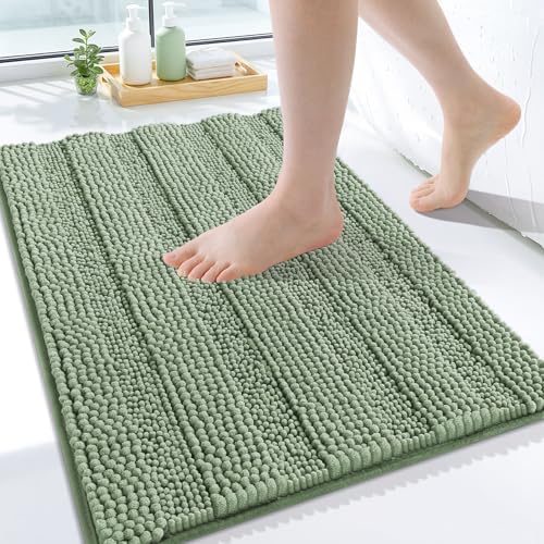 Grandaily Chenille Striped Bathroom Rugs 24x16, Extra Thick and Absorbent Bath Mats, Non-Slip Soft Plush Shaggy Shower Carpet, Machine Wash Dry, Bath Rug for Bathroom, (Small, Grayish Green)