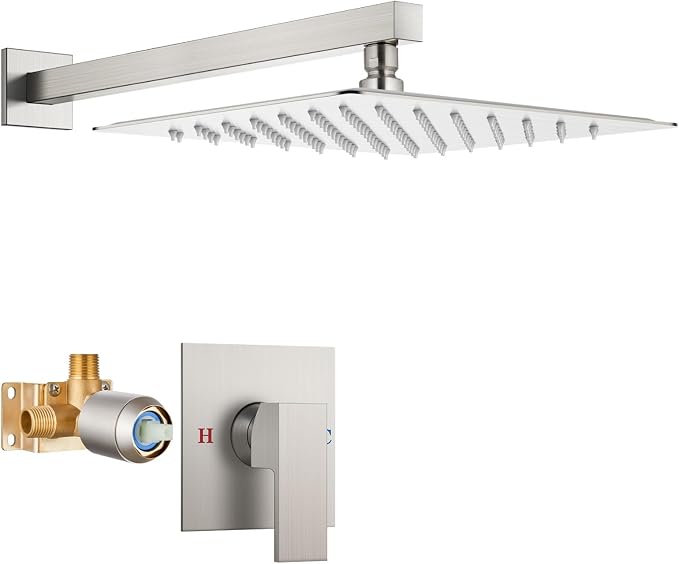 Airuida Shower Faucet Set,12 Inch Shower Valve Kit,Brushed Nickel | Male Threads,Rough-in Valve Shower Trim Kit,Single Handle Control Shower Set