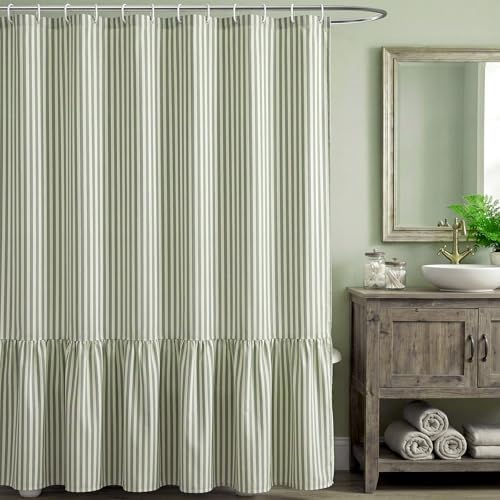HunnmingRe Sage Green Farmhouse Striped Shower Curtain Ruffle Hem 72x72''
